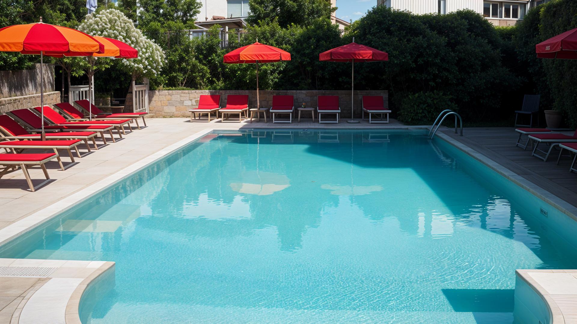 Outdoor pool with red sunbeds and red umbrellas.